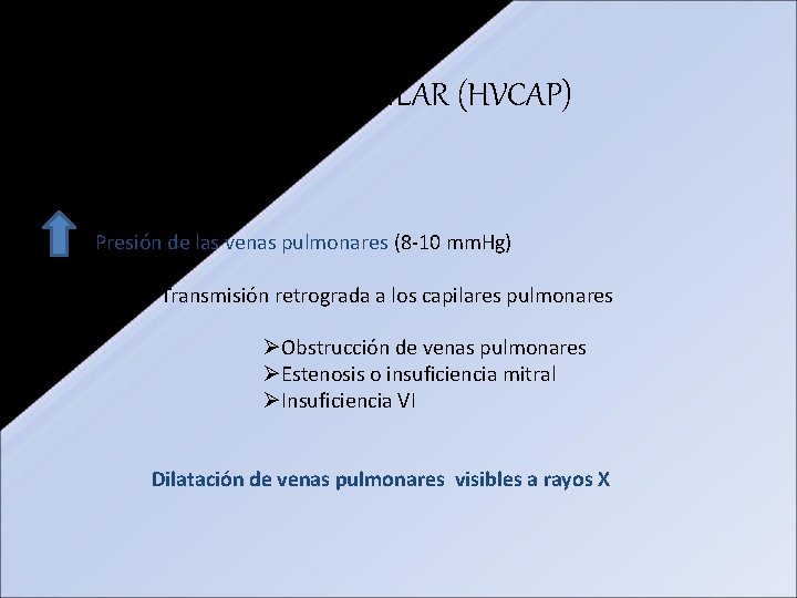 HIPERTENSIÓN VENOCAPILAR (HVCAP) Presión de las venas pulmonares (8 -10 mm. Hg) Transmisión retrograda HIPERTENSIÓN VENOCAPILAR (HVCAP) Presión de las venas pulmonares (8 -10 mm. Hg) Transmisión retrograda