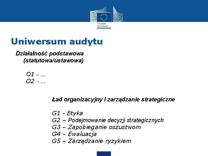 Uniwersum audytu Działalność podstawowa (statutowa/ustawowa) O 1 – … O 2 – … Ład