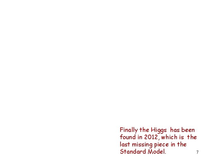 Finally the Higgs has been found in 2012, which is the last missing piece