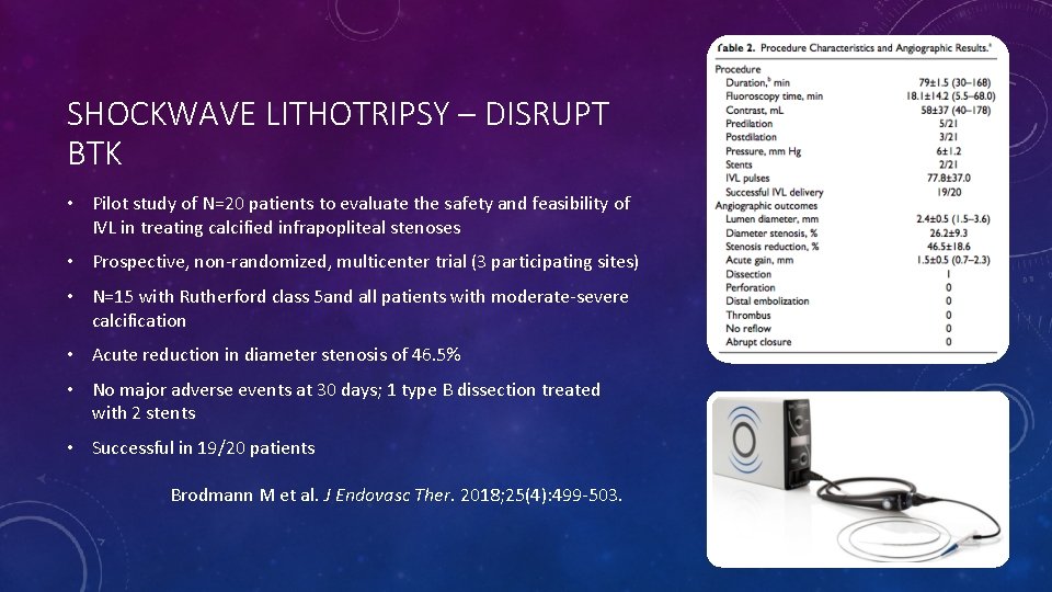 SHOCKWAVE LITHOTRIPSY – DISRUPT BTK • Pilot study of N=20 patients to evaluate the