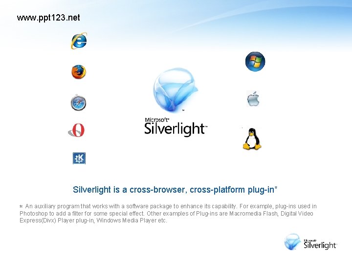 www. ppt 123. net Silverlight is a cross-browser, cross-platform plug-in* * An auxiliary program