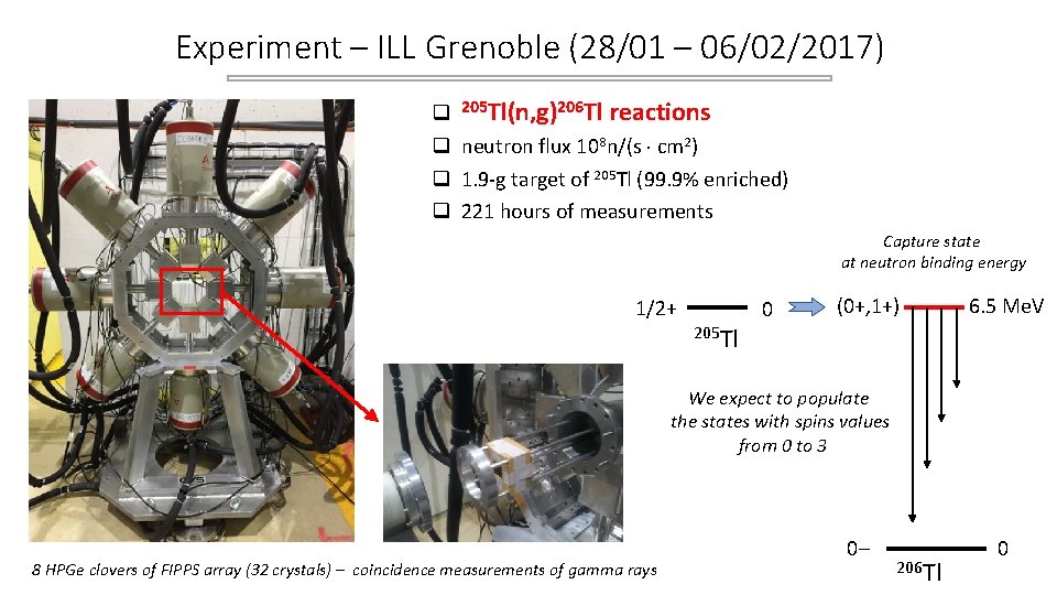 Experiment – ILL Grenoble (28/01 – 06/02/2017) q 205 Tl(n, g)206 Tl reactions q Experiment – ILL Grenoble (28/01 – 06/02/2017) q 205 Tl(n, g)206 Tl reactions q