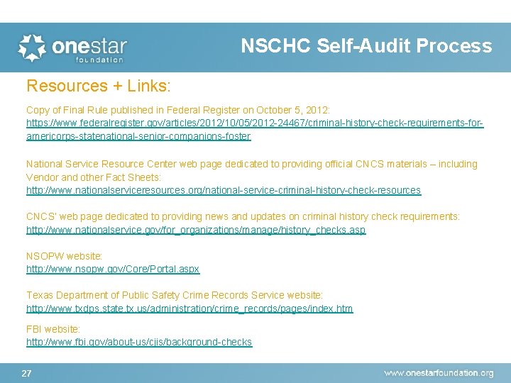 NSCHC Self-Audit Process Resources + Links: Copy of Final Rule published in Federal Register