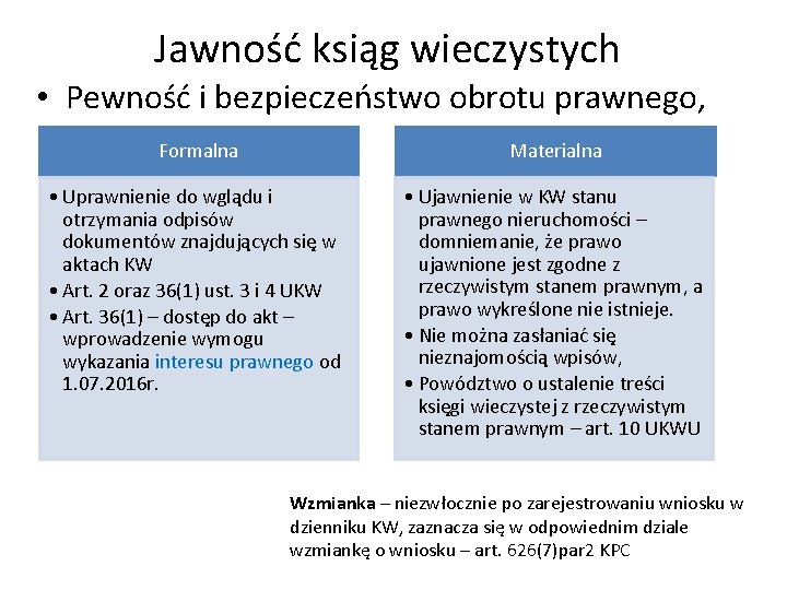 Jawność ksiąg wieczystych • Pewność i bezpieczeństwo obrotu prawnego, Formalna Materialna • Uprawnienie do