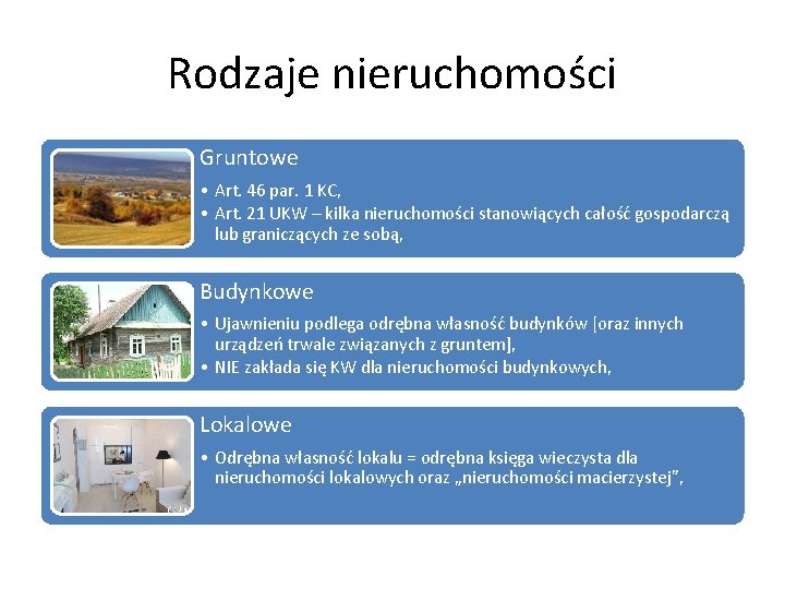 Rodzaje nieruchomości Gruntowe • Art. 46 par. 1 KC, • Art. 21 UKW –