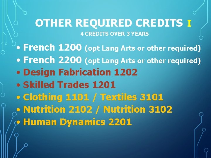 OTHER REQUIRED CREDITS I 4 CREDITS OVER 3 YEARS • French 1200 (opt Lang