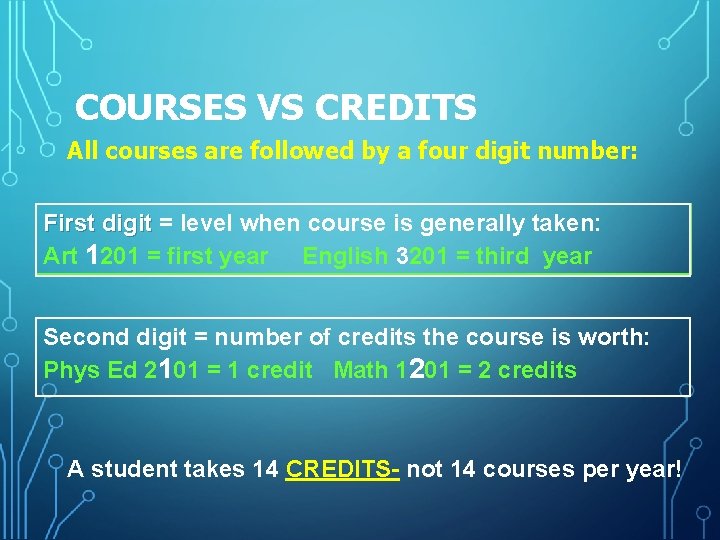 COURSES VS CREDITS All courses are followed by a four digit number: First digit