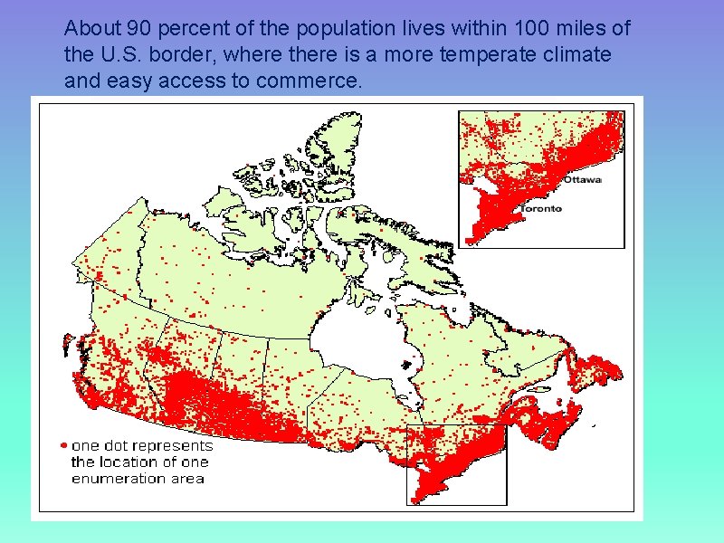 About 90 percent of the population lives within 100 miles of the U. S.