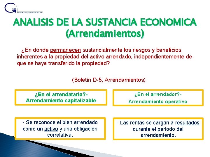 ANALISIS DE LA SUSTANCIA ECONOMICA (Arrendamientos) ¿En dónde permanecen sustancialmente los riesgos y beneficios