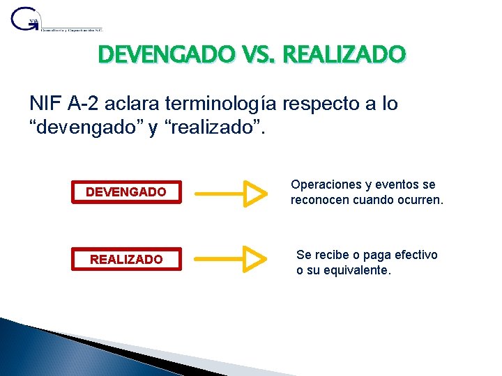 DEVENGADO VS. REALIZADO NIF A-2 aclara terminología respecto a lo “devengado” y “realizado”. DEVENGADO