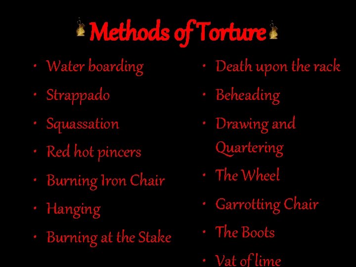 Methods of Torture • • Water boarding Strappado Squassation Red hot pincers Burning Iron