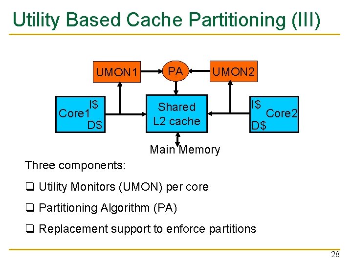 Utility Based Cache Partitioning (III) UMON 1 I$ Core 1 D$ PA UMON 2