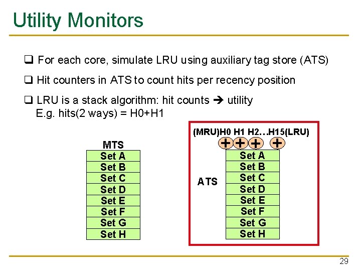 Utility Monitors q For each core, simulate LRU using auxiliary tag store (ATS) q