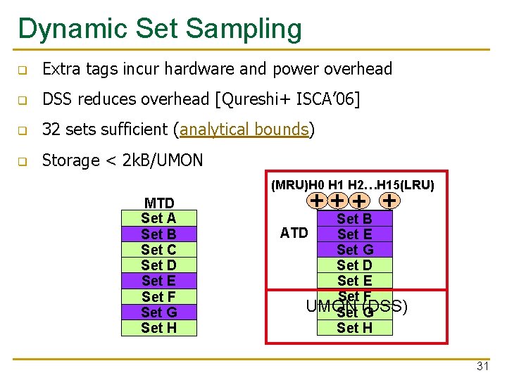 Dynamic Set Sampling q Extra tags incur hardware and power overhead q DSS reduces