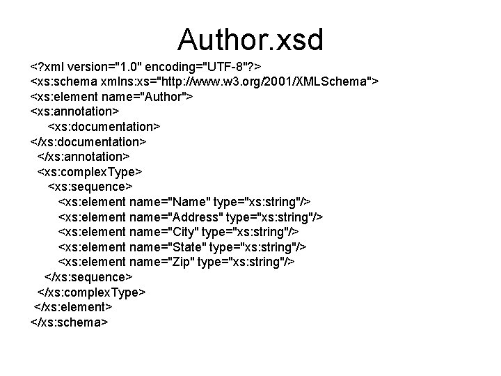 Author. xsd <? xml version="1. 0" encoding="UTF-8"? > <xs: schema xmlns: xs="http: //www. w