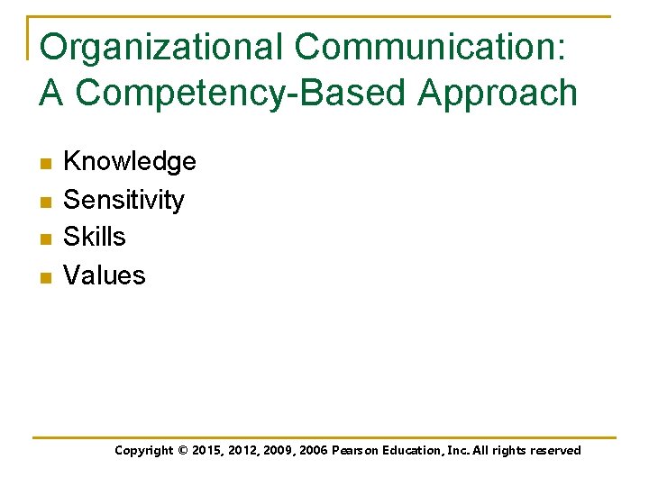 Organizational Communication: A Competency-Based Approach n n Knowledge Sensitivity Skills Values Copyright © 2012,