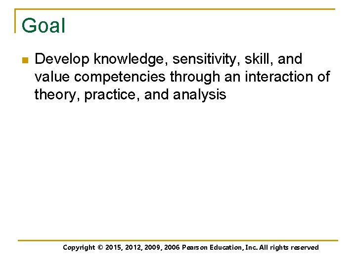 Goal n Develop knowledge, sensitivity, skill, and value competencies through an interaction of theory,