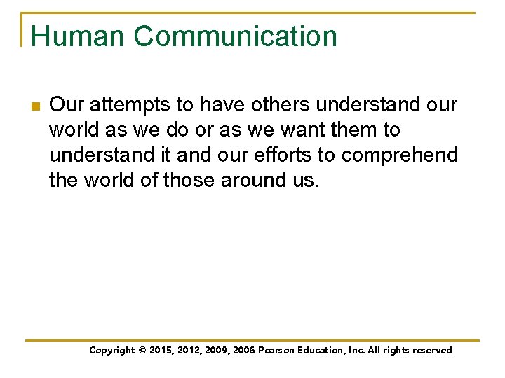 Human Communication n Our attempts to have others understand our world as we do