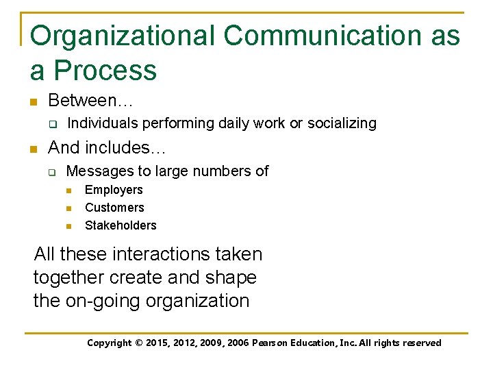 Organizational Communication as a Process n Between… q n Individuals performing daily work or