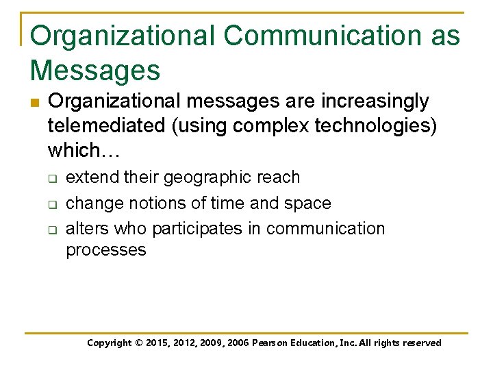 Organizational Communication as Messages n Organizational messages are increasingly telemediated (using complex technologies) which…