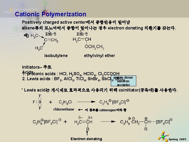 Cationic Polymerization Positively charged active center에서 중합반응이 일어남 alkene류의 모노머에서 중합이 일어나는 경우 electron