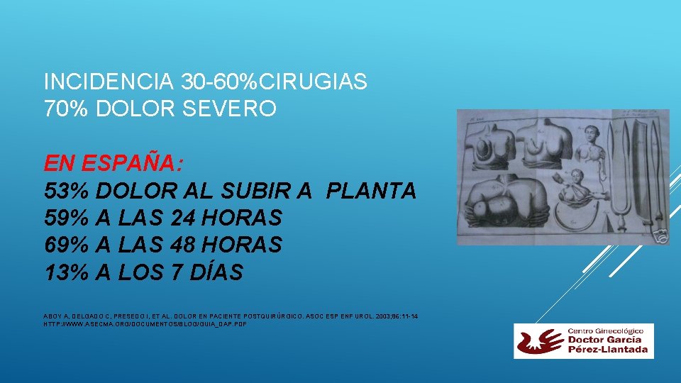 INCIDENCIA 30 -60%CIRUGIAS 70% DOLOR SEVERO EN ESPAÑA: 53% DOLOR AL SUBIR A PLANTA