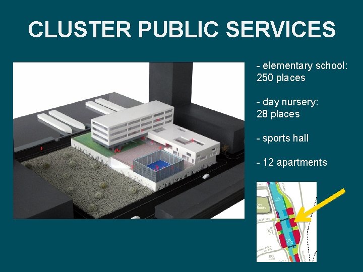 CLUSTER PUBLIC SERVICES - elementary school: 250 places - day nursery: 28 places -