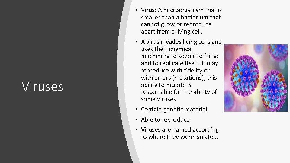  • Virus: A microorganism that is smaller than a bacterium that cannot grow