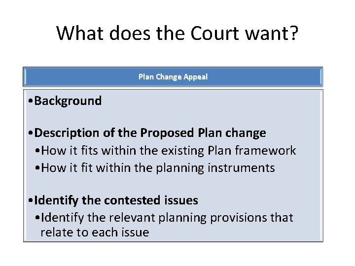 What does the Court want? Plan Change Appeal • Background • Description of the