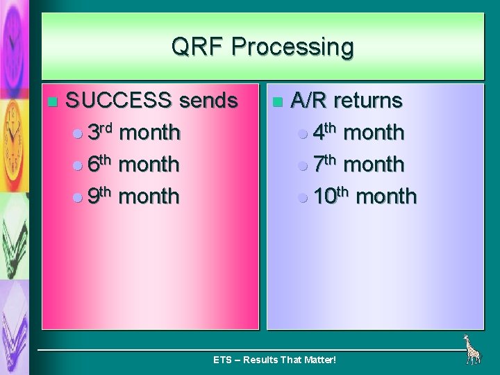 QRF Processing n SUCCESS sends l 3 rd month l 6 th month l