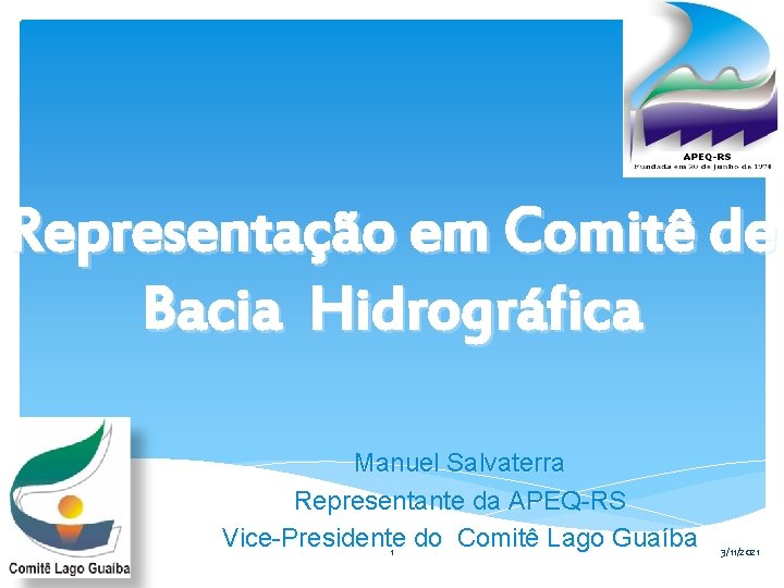 Representação em Comitê de Bacia Hidrográfica Manuel Salvaterra Representante da APEQ-RS Vice-Presidente do Comitê