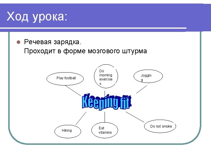 Ход урока: l Речевая зарядка. Проходит в форме мозгового штурма Play football Do morning