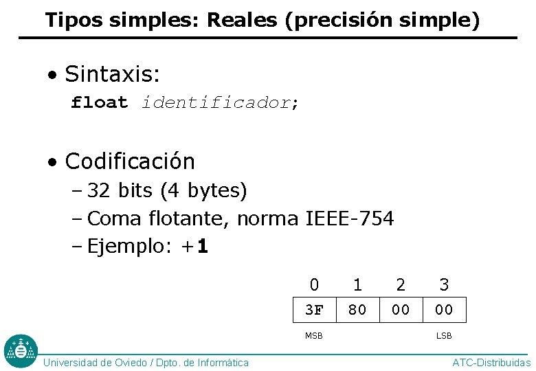Tipos simples: Reales (precisión simple) • Sintaxis: float identificador; • Codificación – 32 bits