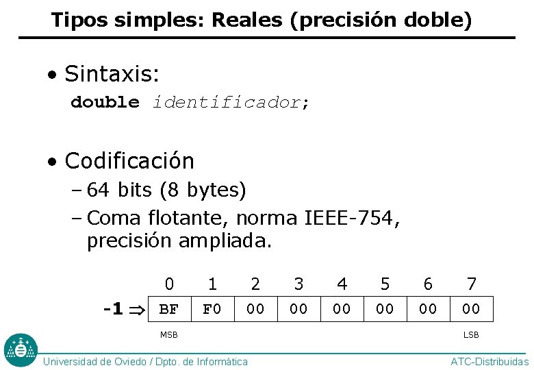 Tipos simples: Reales (precisión doble) • Sintaxis: double identificador; • Codificación – 64 bits