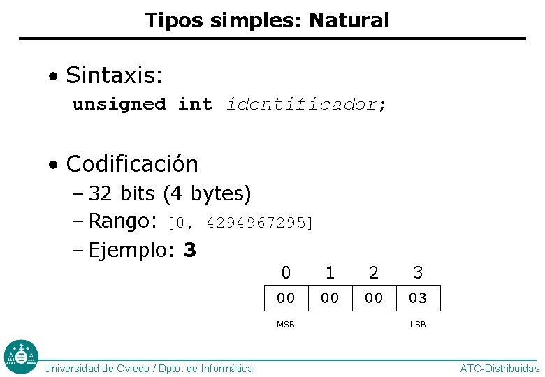 Tipos simples: Natural • Sintaxis: unsigned int identificador; • Codificación – 32 bits (4