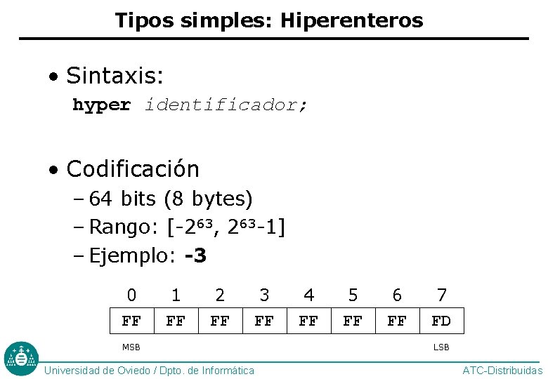 Tipos simples: Hiperenteros • Sintaxis: hyper identificador; • Codificación – 64 bits (8 bytes)