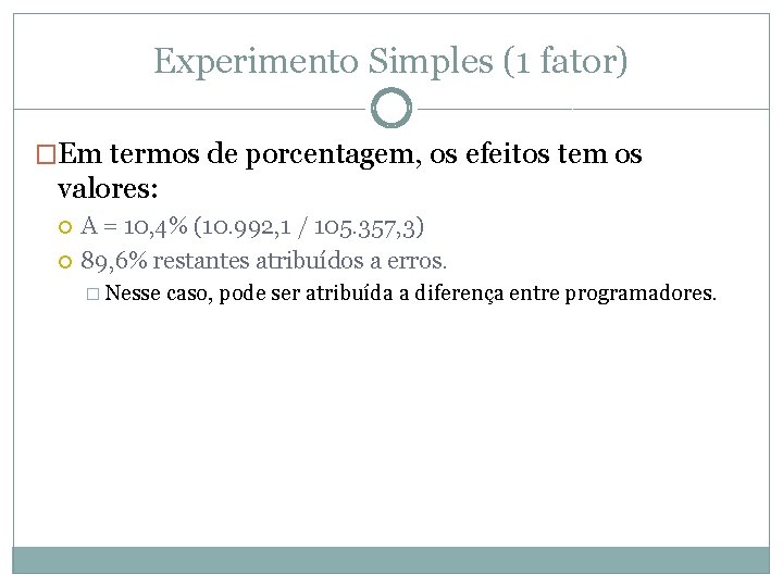 Experimento Simples (1 fator) �Em termos de porcentagem, os efeitos tem os valores: A