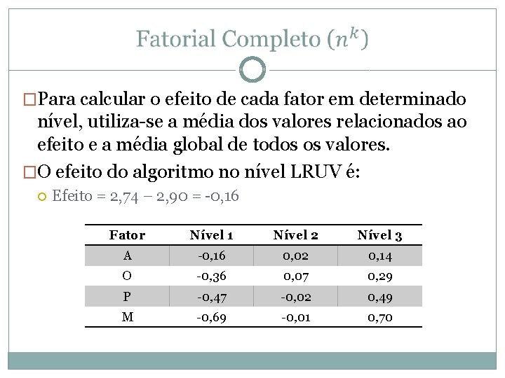  �Para calcular o efeito de cada fator em determinado nível, utiliza-se a média