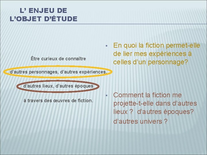 L’ ENJEU DE L’OBJET D’ÉTUDE § Être curieux de connaître En quoi la fiction