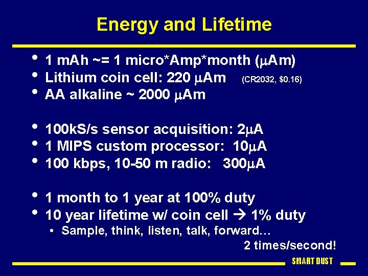 Energy and Lifetime • 1 m. Ah ~= 1 micro*Amp*month (m. Am) • Lithium