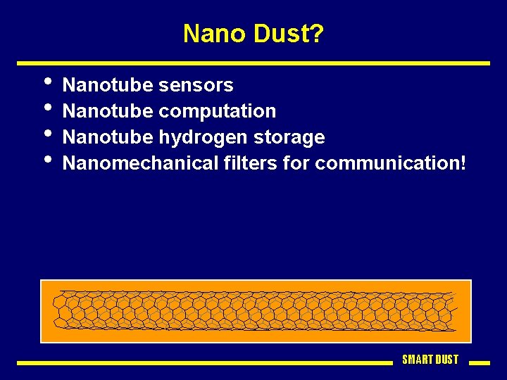 Nano Dust? • Nanotube sensors • Nanotube computation • Nanotube hydrogen storage • Nanomechanical