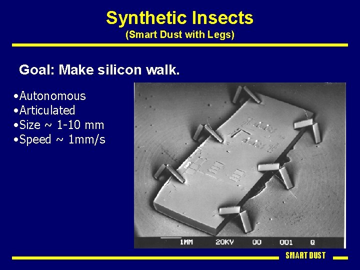 Synthetic Insects (Smart Dust with Legs) Goal: Make silicon walk. • Autonomous • Articulated