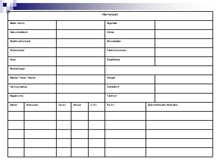 Merriekaart Naam merrie Eigenaar Geboortedatum Adres Stamboeknummer Woonplaats Chipnummer Telefoonnummer Kleur Emailadres Aftekeningen Maiden