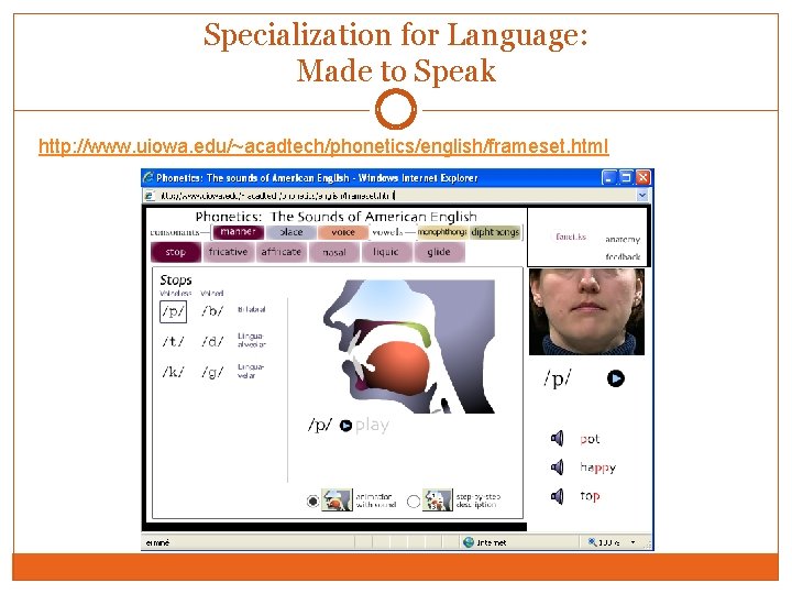 Specialization for Language: Made to Speak http: //www. uiowa. edu/~acadtech/phonetics/english/frameset. html 