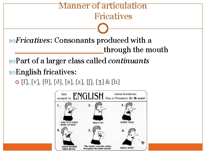 Manner of articulation Fricatives: Consonants produced with a ________through the mouth Part of a