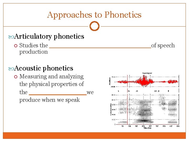 Approaches to Phonetics Articulatory phonetics Studies the ____________of speech production Acoustic phonetics Measuring and