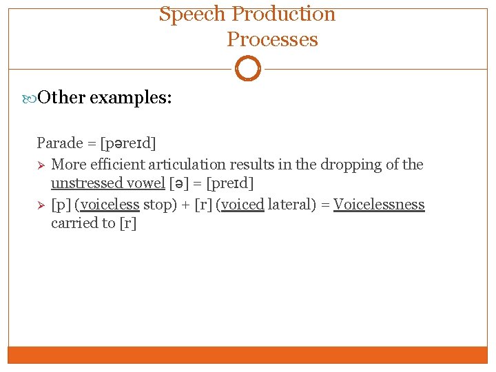 Speech Production Processes Other examples: Parade = [pəreɪd] Ø More efficient articulation results in