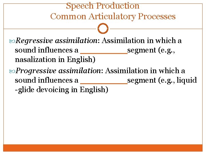 Speech Production Common Articulatory Processes Regressive assimilation: Assimilation in which a sound influences a