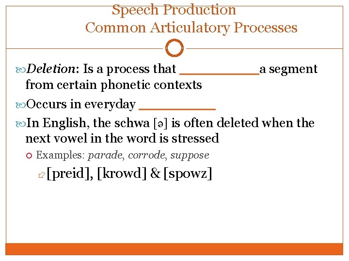 Speech Production Common Articulatory Processes Deletion: Is a process that ____ a segment from