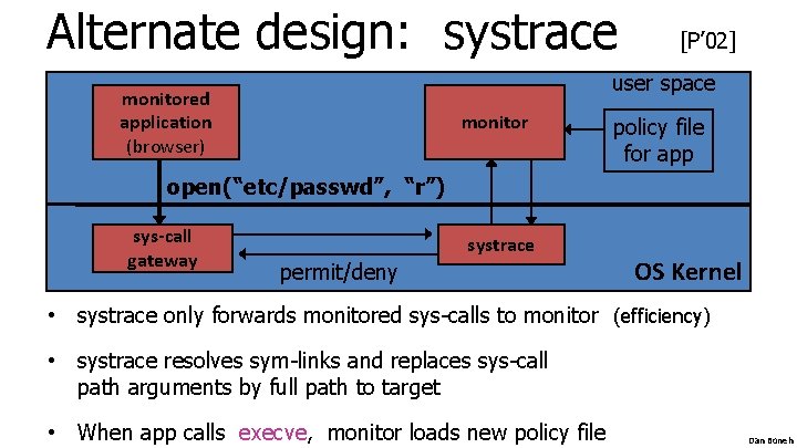 Alternate design: systrace [P’ 02] user space monitored application (browser) monitor policy file for